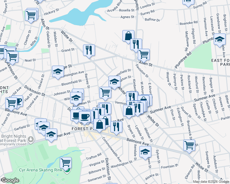 map of restaurants, bars, coffee shops, grocery stores, and more near 300 White Street in Springfield