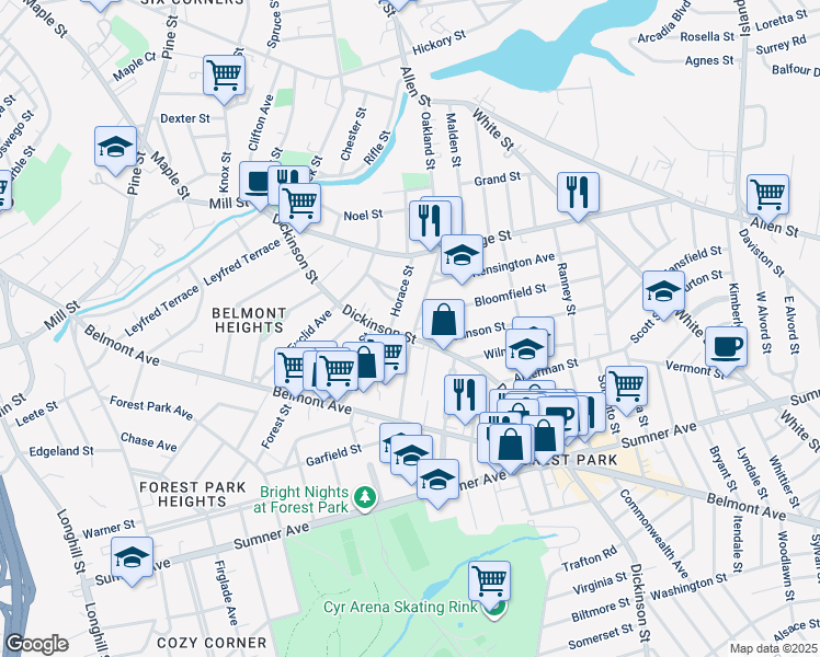 map of restaurants, bars, coffee shops, grocery stores, and more near 195 Dickinson Street in Springfield