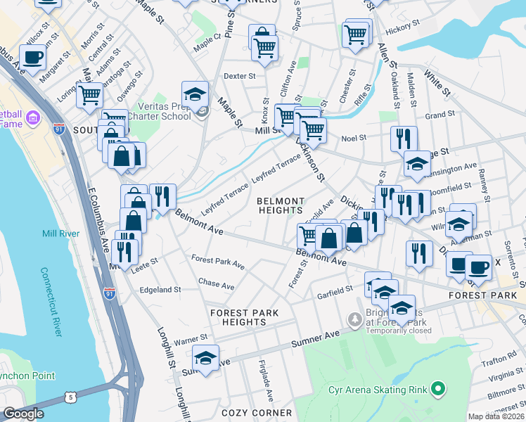 map of restaurants, bars, coffee shops, grocery stores, and more near 115 Woodside Terrace in Springfield