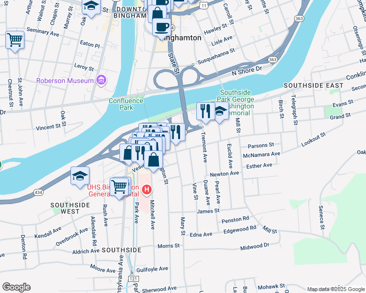 map of restaurants, bars, coffee shops, grocery stores, and more near 29 Mary Street in Binghamton
