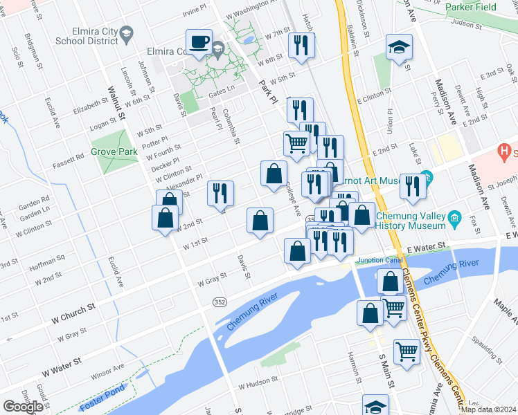map of restaurants, bars, coffee shops, grocery stores, and more near 363 West 2nd Street in Elmira
