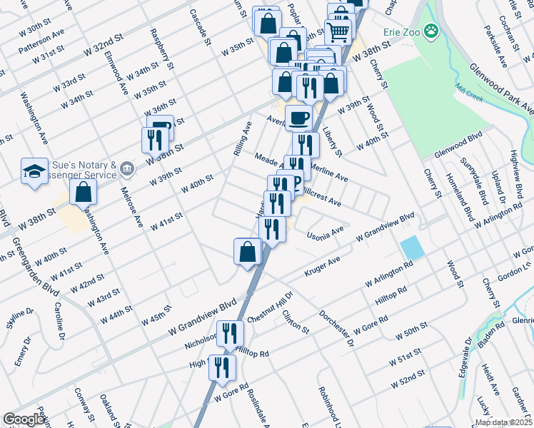 map of restaurants, bars, coffee shops, grocery stores, and more near 4307 Harding Drive in Erie