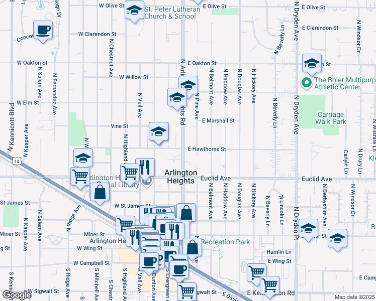 map of restaurants, bars, coffee shops, grocery stores, and more near in Arlington Heights