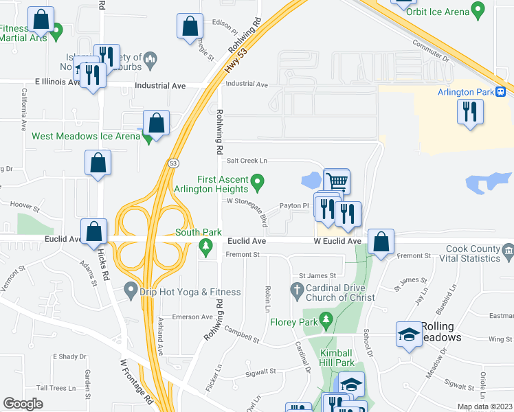 map of restaurants, bars, coffee shops, grocery stores, and more near 3400 West Stonegate Boulevard in Arlington Heights