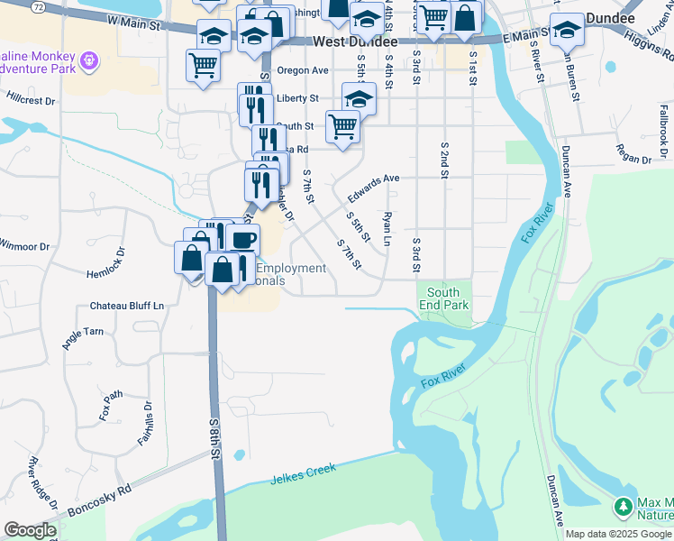 map of restaurants, bars, coffee shops, grocery stores, and more near 649 Eichler Drive in West Dundee