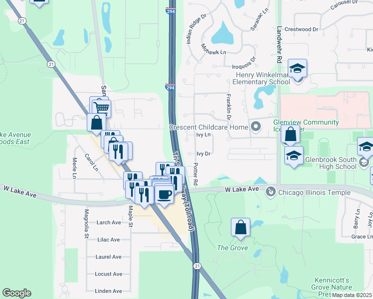 map of restaurants, bars, coffee shops, grocery stores, and more near 4408 Ivy Drive in Glenview