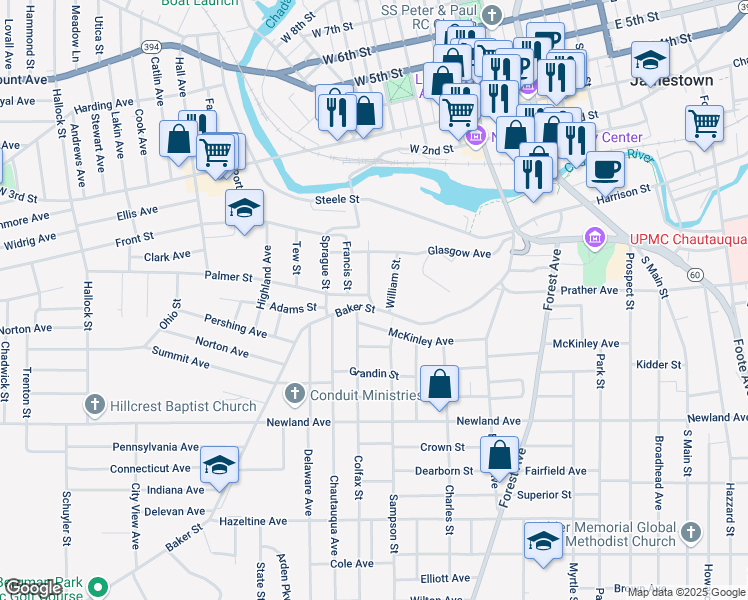 map of restaurants, bars, coffee shops, grocery stores, and more near 16 Chapman Street in Jamestown