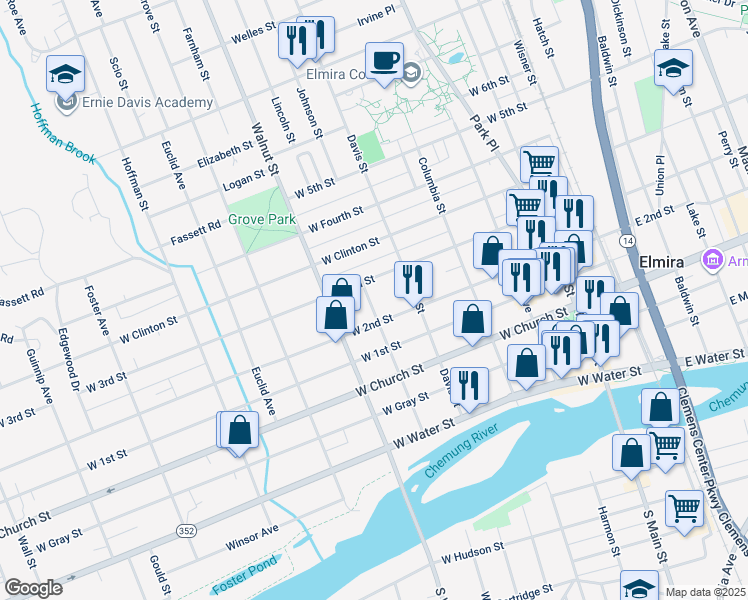 map of restaurants, bars, coffee shops, grocery stores, and more near 410 Elm Street in Elmira