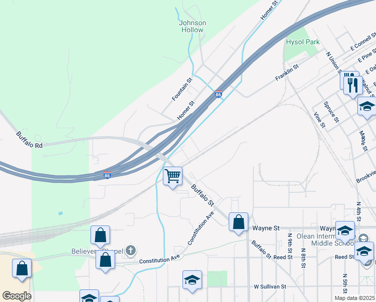 map of restaurants, bars, coffee shops, grocery stores, and more near 1612 Avenue B in Olean