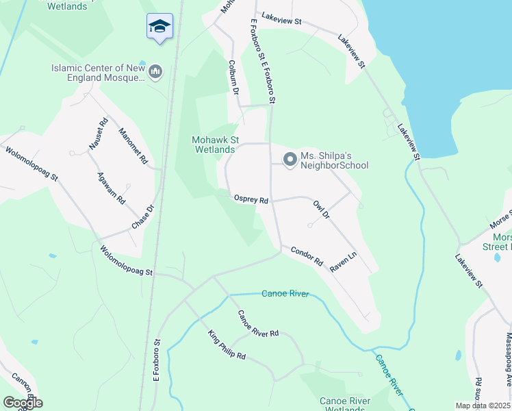map of restaurants, bars, coffee shops, grocery stores, and more near 4 Osprey Road in Sharon