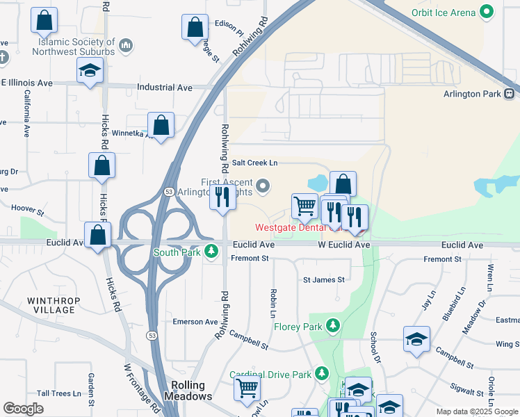 map of restaurants, bars, coffee shops, grocery stores, and more near West Stonegate Boulevard in Cook County