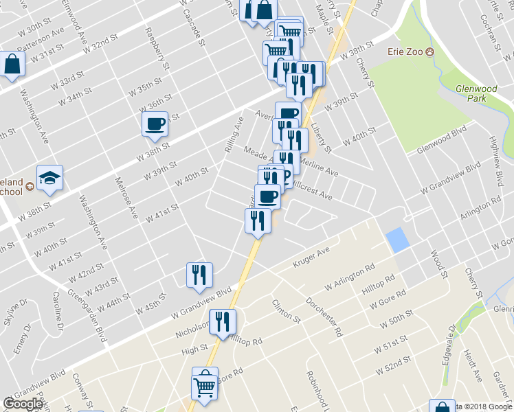 map of restaurants, bars, coffee shops, grocery stores, and more near 4307 Harding Dr in Erie
