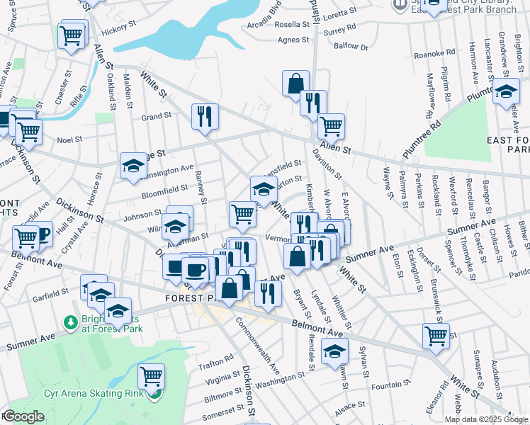 map of restaurants, bars, coffee shops, grocery stores, and more near 300 White Street in Springfield