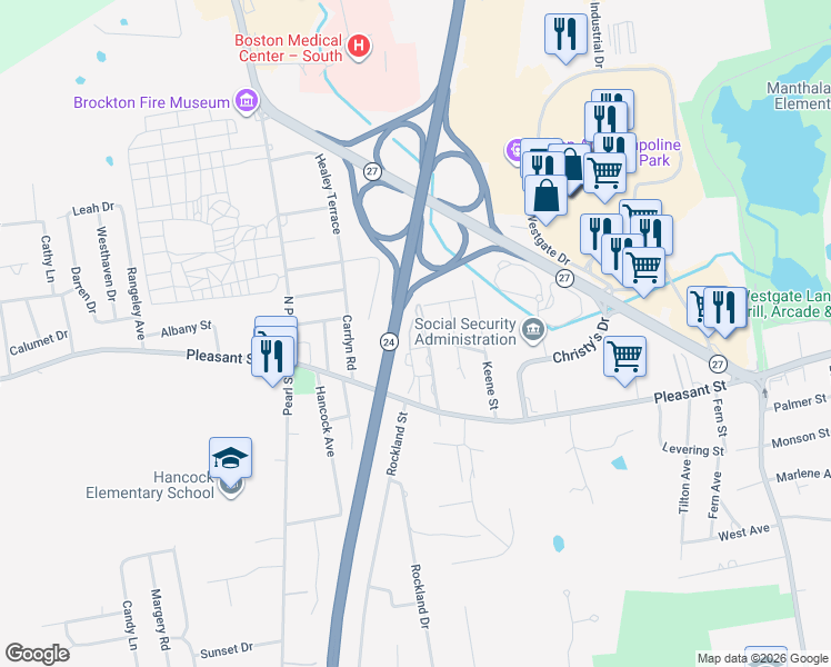 map of restaurants, bars, coffee shops, grocery stores, and more near 70 Westland Street in Brockton