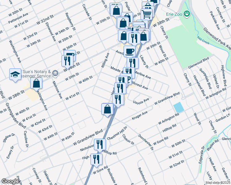 map of restaurants, bars, coffee shops, grocery stores, and more near 4307 Harding Drive in Erie
