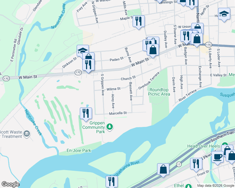 map of restaurants, bars, coffee shops, grocery stores, and more near 501 Airey Ave in Endicott