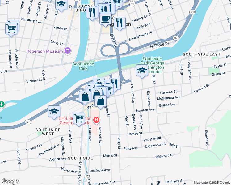 map of restaurants, bars, coffee shops, grocery stores, and more near 29 Mary Street in Binghamton