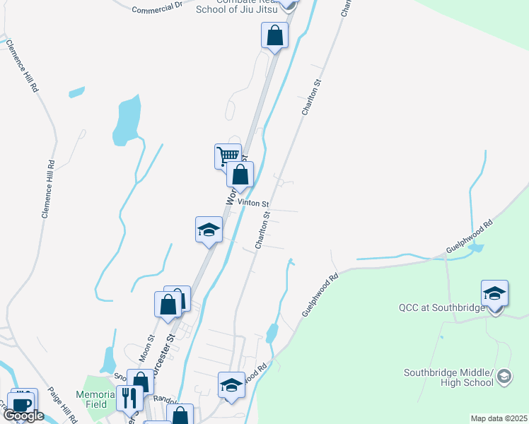 map of restaurants, bars, coffee shops, grocery stores, and more near 539 Charlton Street in Southbridge