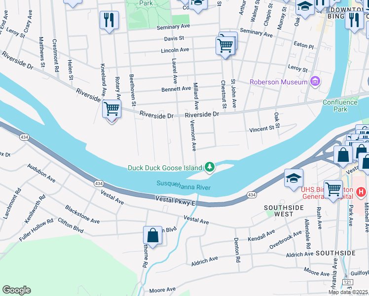 map of restaurants, bars, coffee shops, grocery stores, and more near 20 Laurel Avenue in Binghamton
