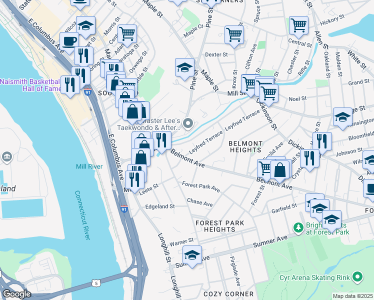 map of restaurants, bars, coffee shops, grocery stores, and more near 14 Leyfred Terrace in Springfield