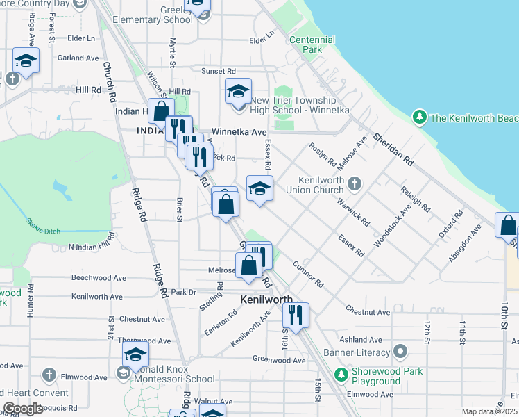 map of restaurants, bars, coffee shops, grocery stores, and more near 542 Abbotsford Road in Kenilworth