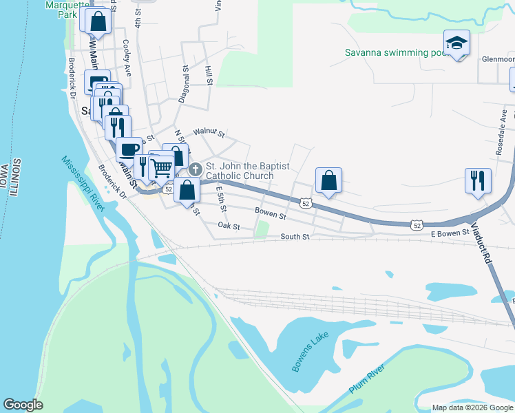 map of restaurants, bars, coffee shops, grocery stores, and more near 600 Bowen Street in Savanna