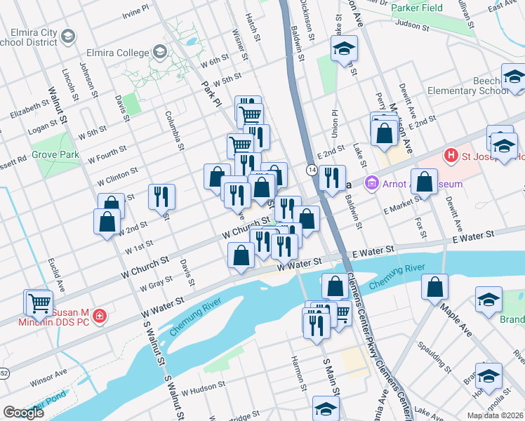 map of restaurants, bars, coffee shops, grocery stores, and more near 303 North Main Street in Elmira