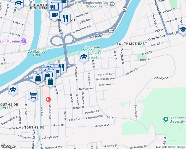 map of restaurants, bars, coffee shops, grocery stores, and more near 32 Mill Street in Binghamton