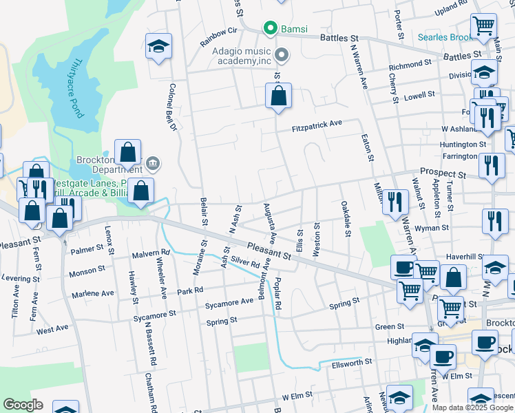 map of restaurants, bars, coffee shops, grocery stores, and more near 320 Prospect Street in Brockton