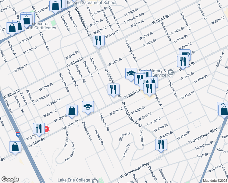 map of restaurants, bars, coffee shops, grocery stores, and more near 3630 Greengarden Blvd in Erie
