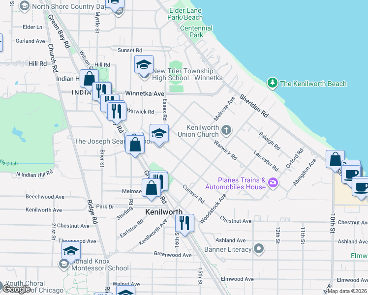 map of restaurants, bars, coffee shops, grocery stores, and more near 307 Melrose Avenue in Kenilworth
