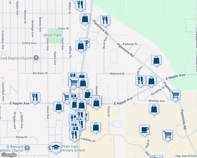 map of restaurants, bars, coffee shops, grocery stores, and more near 1549 Reeder Avenue in Benton Harbor