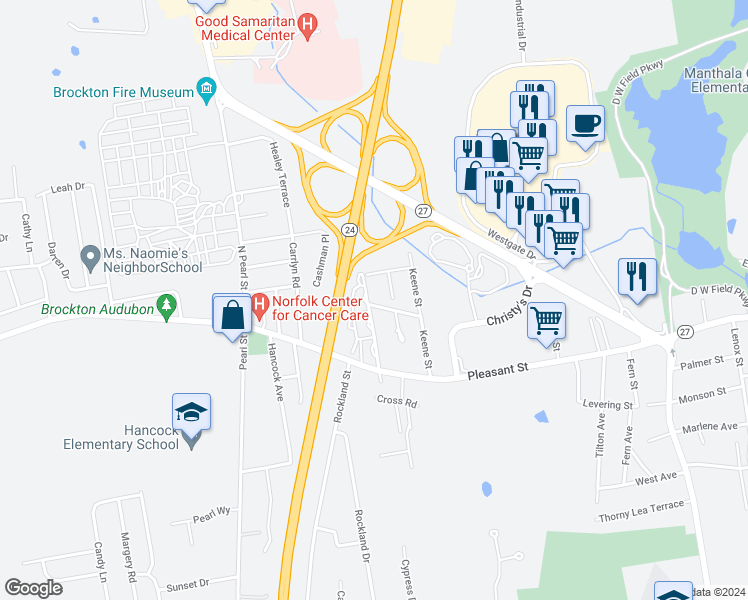map of restaurants, bars, coffee shops, grocery stores, and more near 67 Westland Street in Brockton