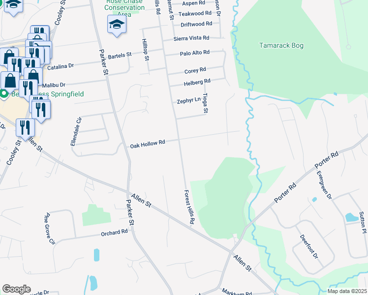 map of restaurants, bars, coffee shops, grocery stores, and more near 460 Forest Hills Road in Springfield
