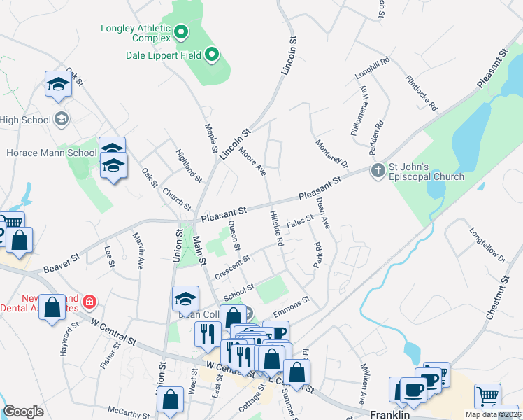 map of restaurants, bars, coffee shops, grocery stores, and more near 85 Pleasant Street in Franklin