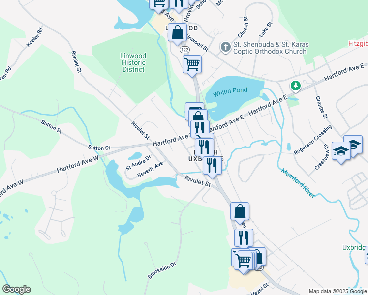 map of restaurants, bars, coffee shops, grocery stores, and more near 11 Sayles Street in Uxbridge