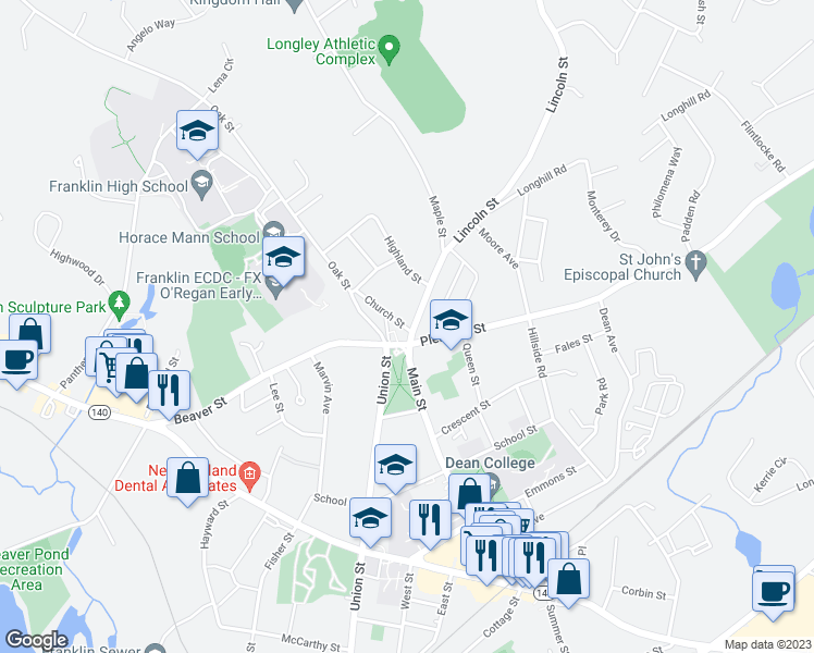 map of restaurants, bars, coffee shops, grocery stores, and more near 214 Main Street in Franklin