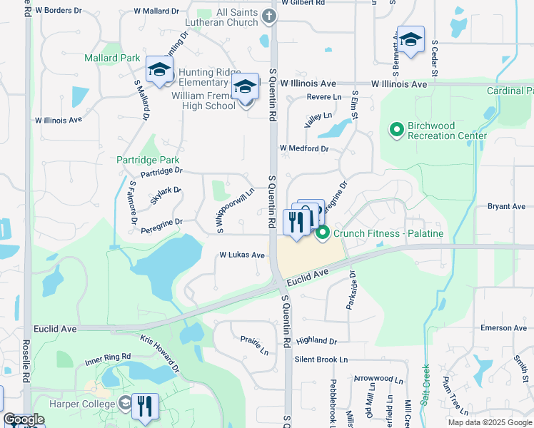 map of restaurants, bars, coffee shops, grocery stores, and more near 807 West Sandpiper Court in Palatine