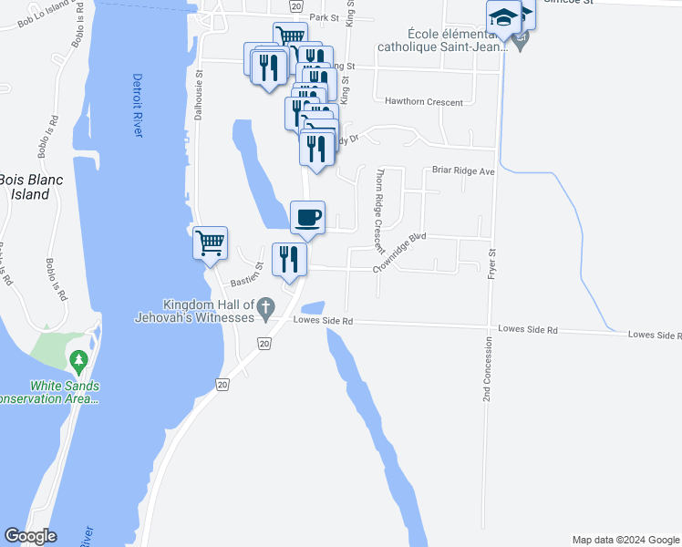 map of restaurants, bars, coffee shops, grocery stores, and more near 223 Crownridge Boulevard in Amherstburg