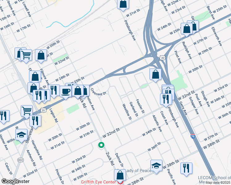 map of restaurants, bars, coffee shops, grocery stores, and more near 2810 Westline Street in Erie