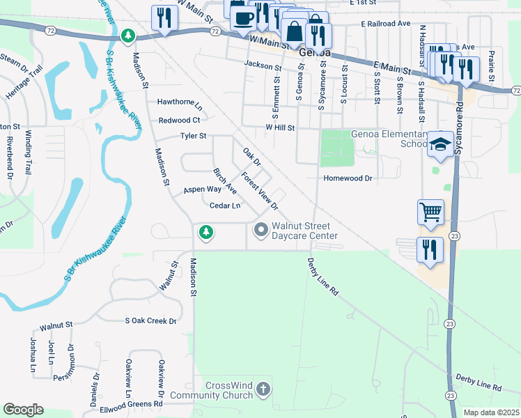 map of restaurants, bars, coffee shops, grocery stores, and more near 418 Birch Avenue in Genoa