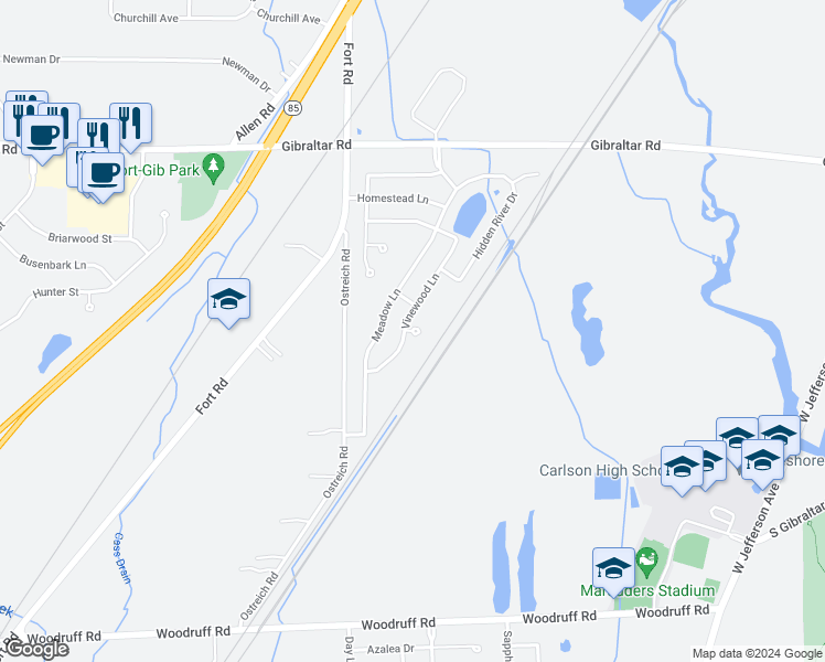 map of restaurants, bars, coffee shops, grocery stores, and more near Glenwood Court in Gibraltar
