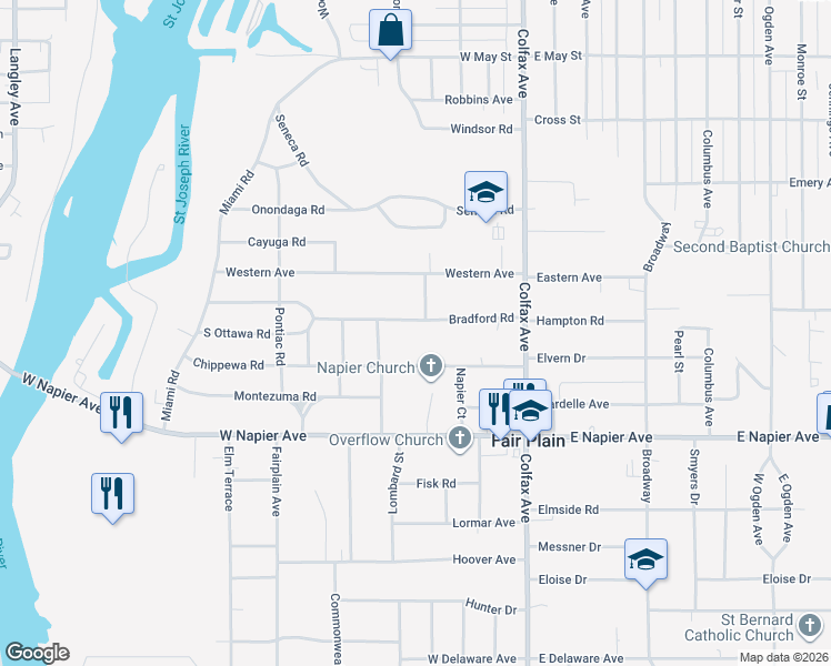 map of restaurants, bars, coffee shops, grocery stores, and more near 270 Bradford Road in Benton Harbor