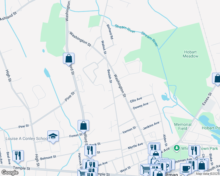 map of restaurants, bars, coffee shops, grocery stores, and more near 462 Beulah Street in Whitman