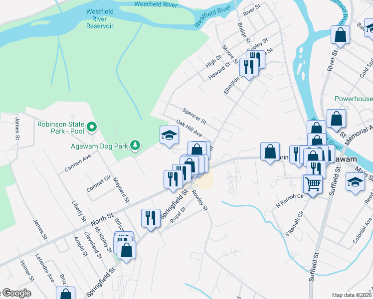 map of restaurants, bars, coffee shops, grocery stores, and more near 59 Begley Street in Agawam