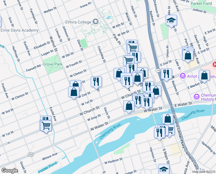 map of restaurants, bars, coffee shops, grocery stores, and more near 363 West 2nd Street in Elmira