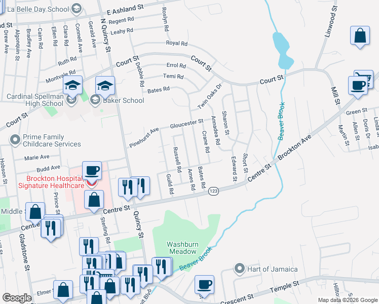 map of restaurants, bars, coffee shops, grocery stores, and more near 71 Ames Road in Brockton