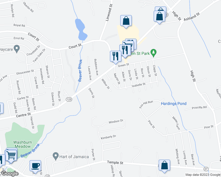 map of restaurants, bars, coffee shops, grocery stores, and more near 60 Wilbur Street in Abington