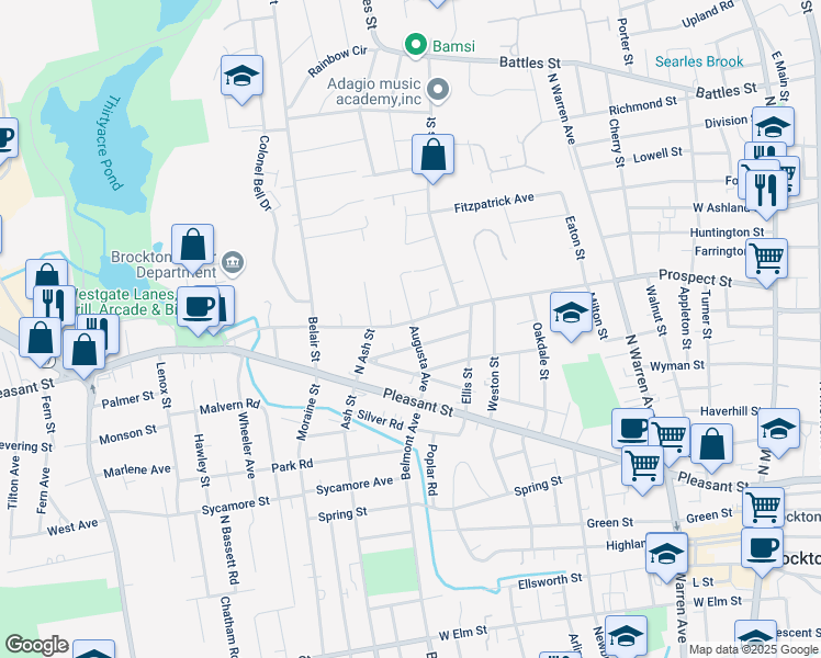map of restaurants, bars, coffee shops, grocery stores, and more near 64 Augusta Avenue in Brockton
