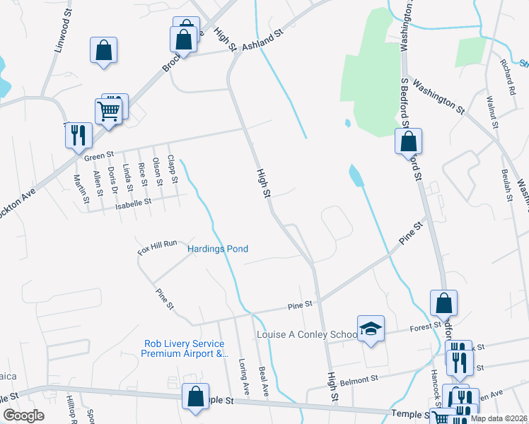 map of restaurants, bars, coffee shops, grocery stores, and more near 358 High Street in Whitman